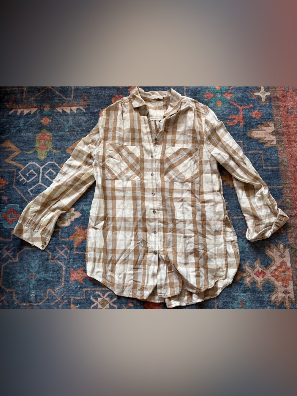 Prana Cream and Brown Plaid Casual Button-Down Shirt